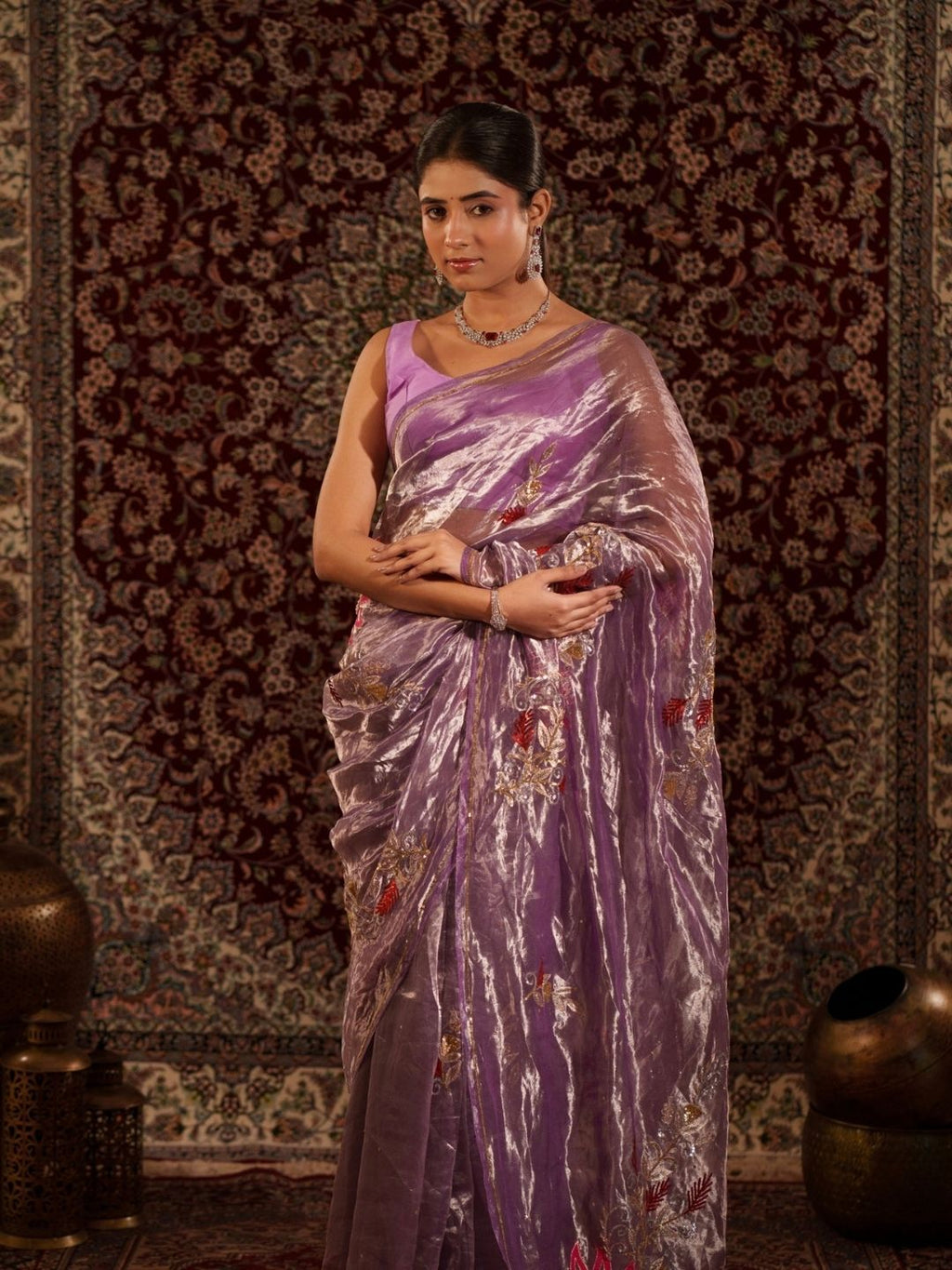 Lavender Tissue Saree With Sequin, Pearl,Zardozi and Aari Work