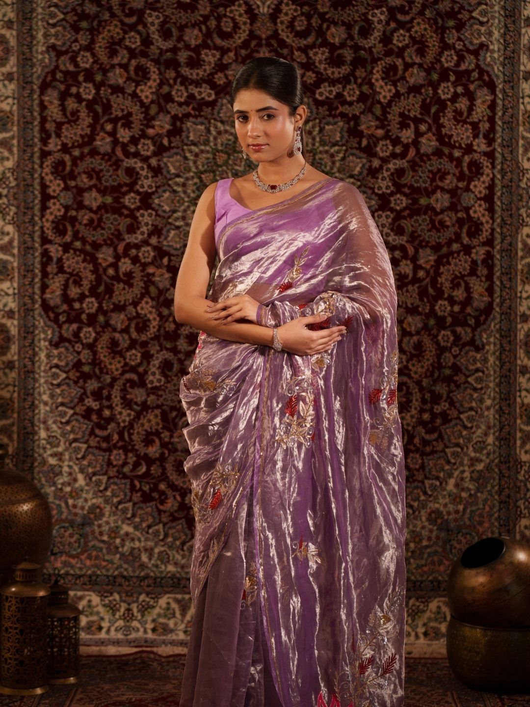 Lavender Tissue Silk Saree – Floral Embroidery
