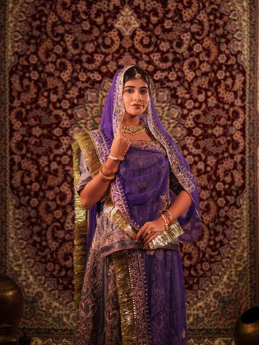Rich Purple Tissue Poshak With Pure Odhna
