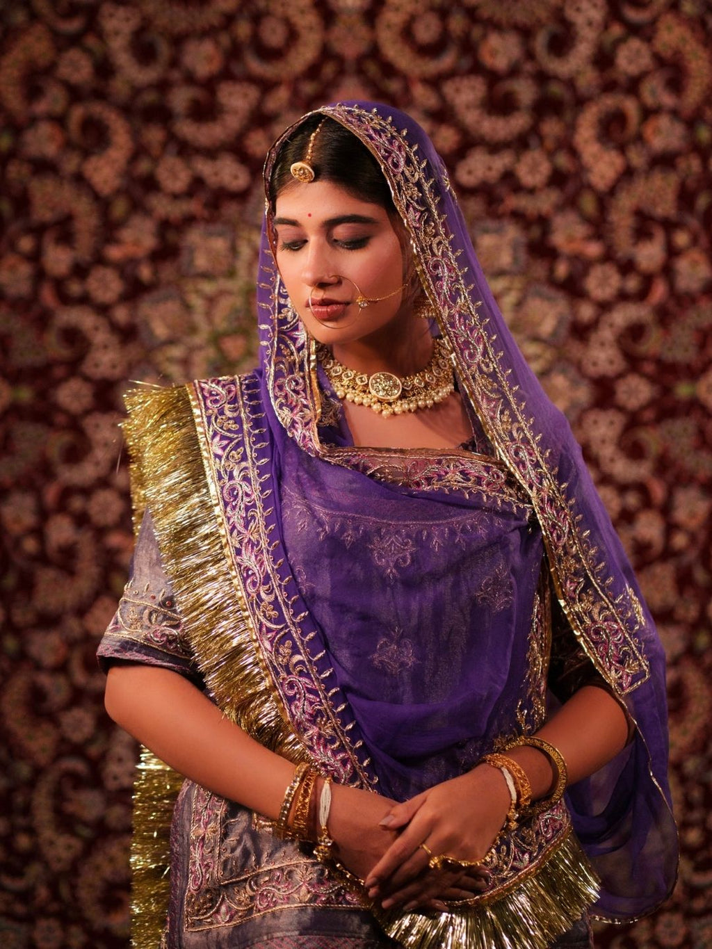 Rich Purple Tissue Poshak With Pure Odhna