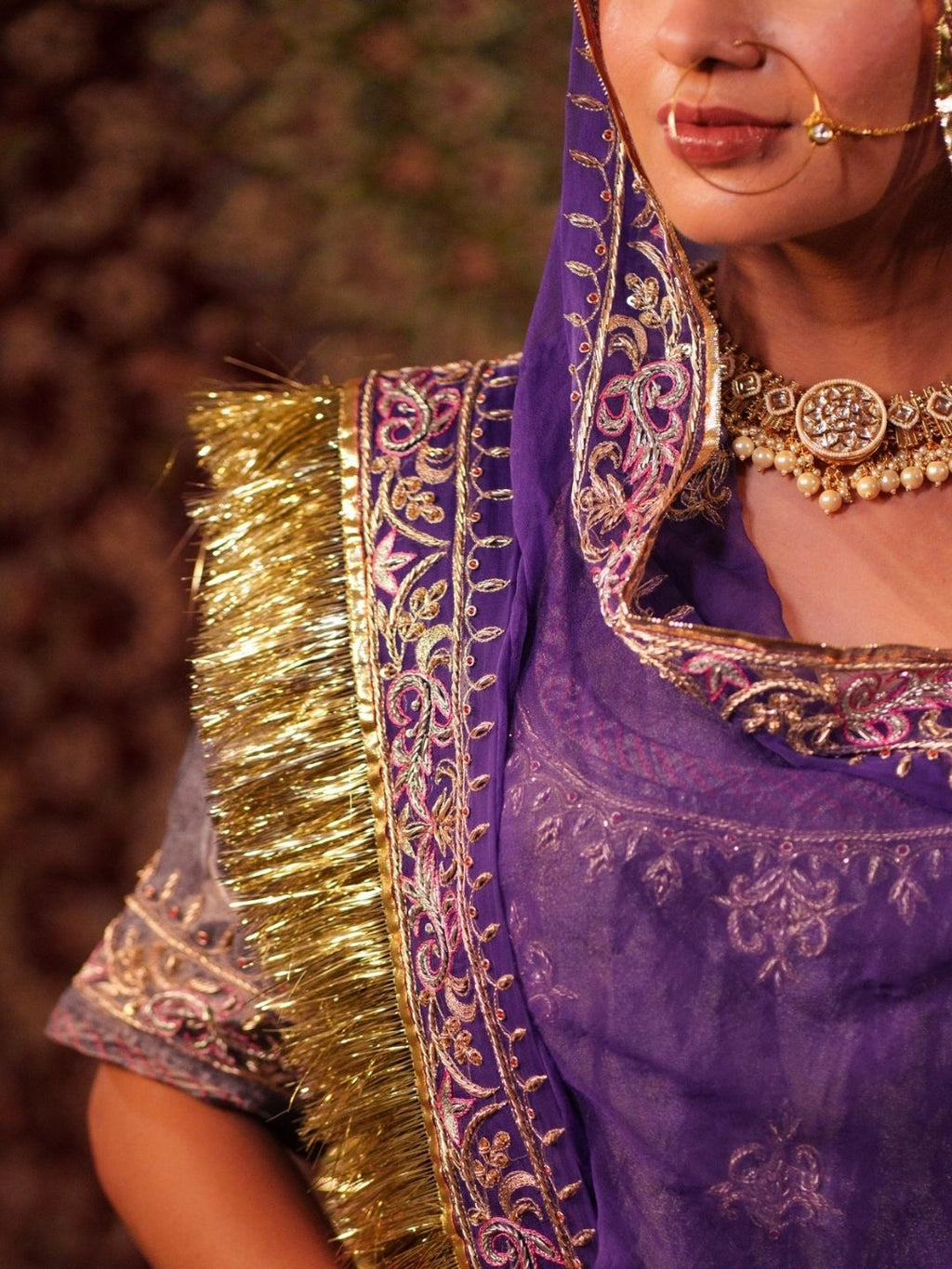 Rich Purple Tissue Poshak With Pure Odhna