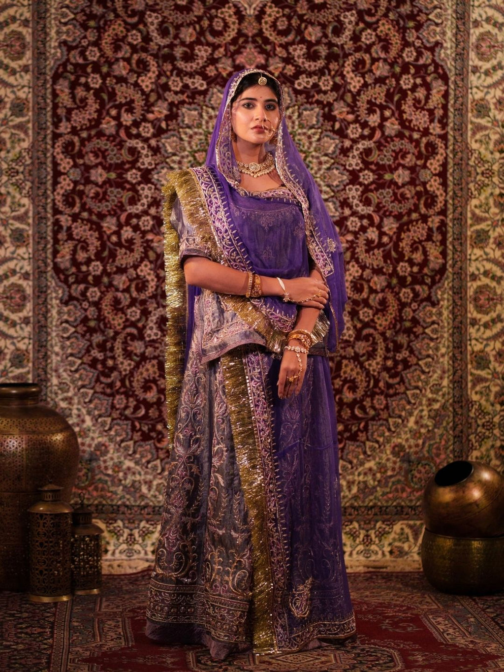 Rich Purple Tissue Poshak With Pure Odhna