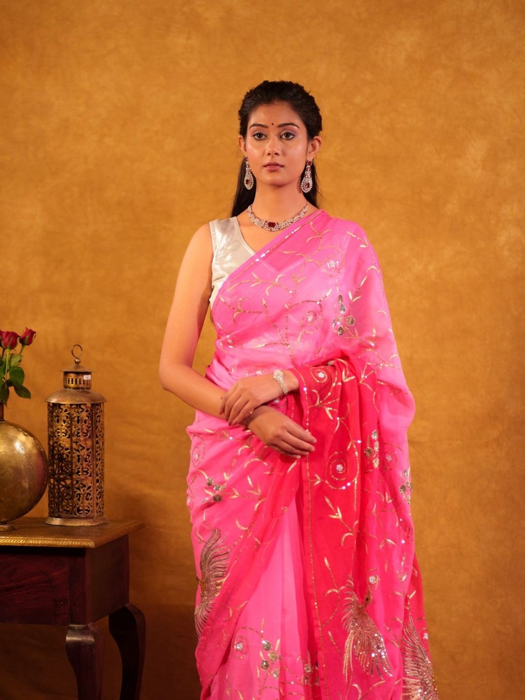 Pink Pure Chiffon Sequin Jaal Bird Motif Handwork Saree