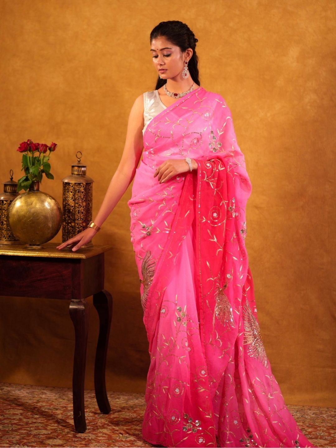 Pink Pure Chiffon Sequin Jaal Bird Motif Handwork Saree