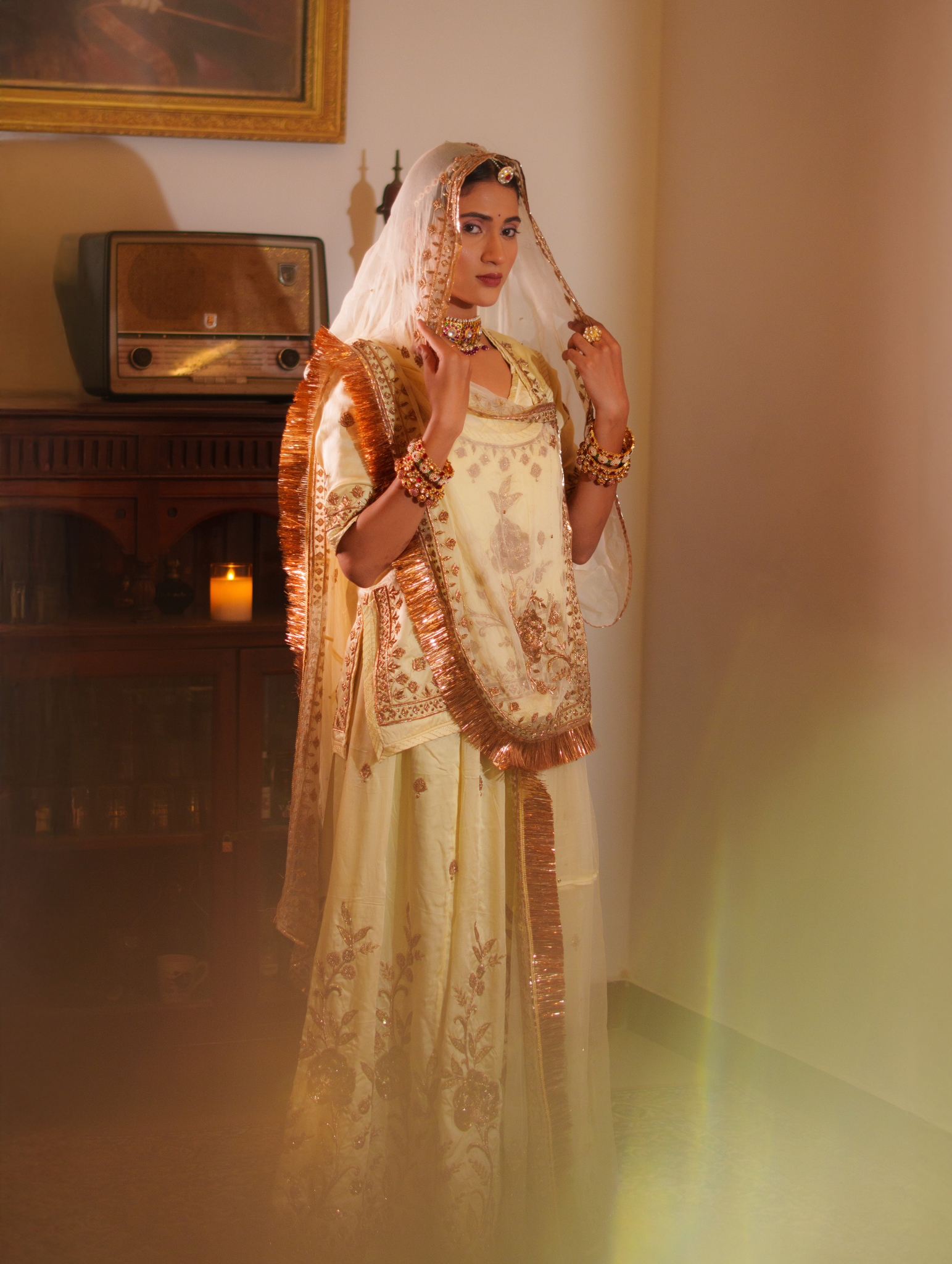 Ivory Tissue And Satin Rajputi Poshak With Pure Odhna