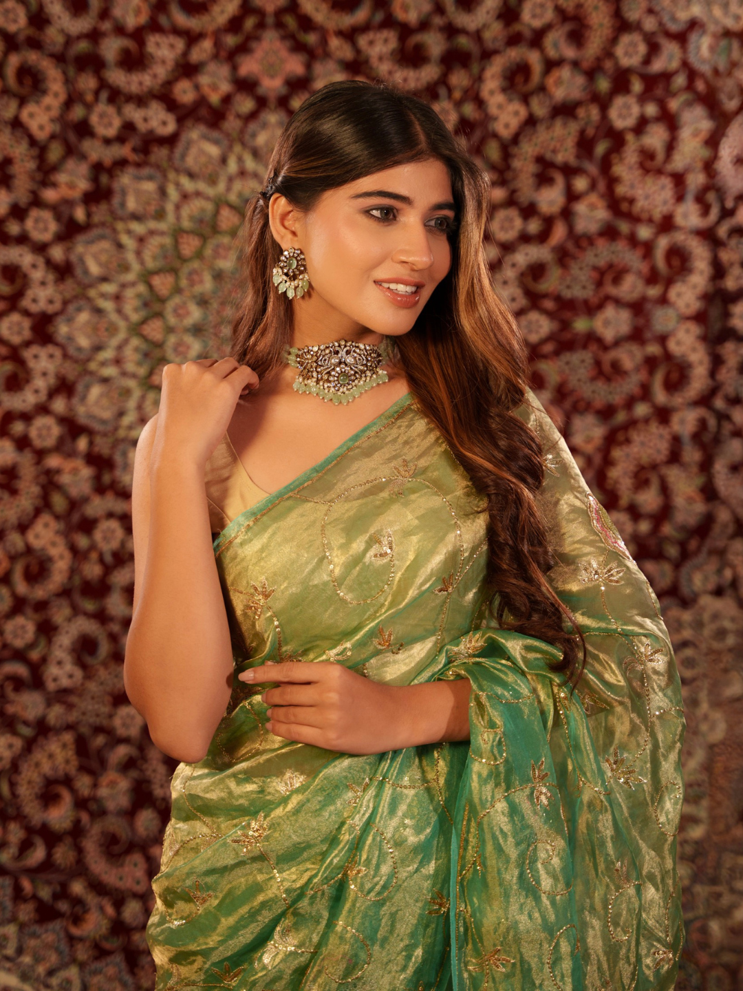 Green Premium Tissue Jaal Handwork Saree