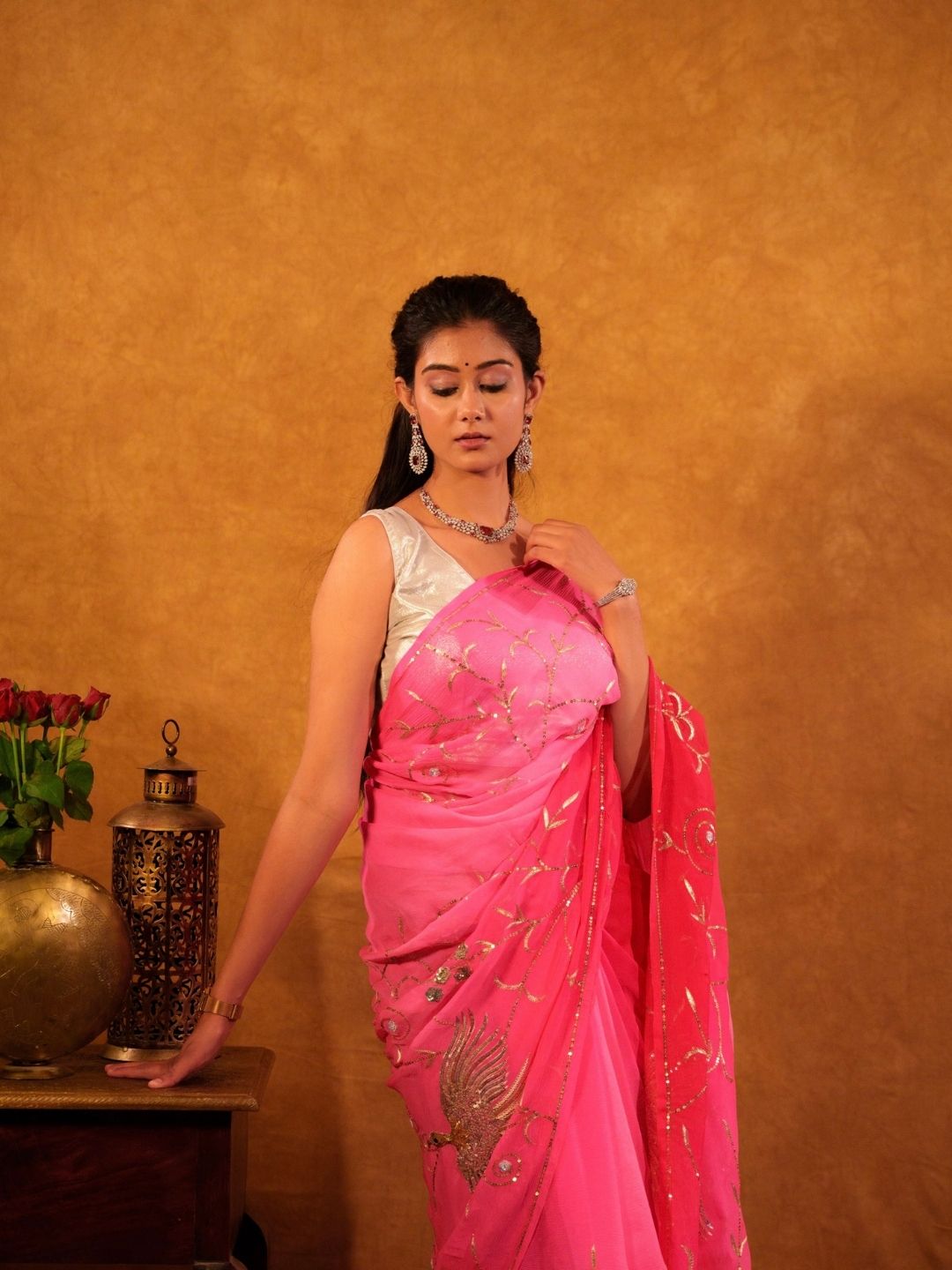 Pink Pure Chiffon Sequin Jaal Bird Motif Handwork Saree