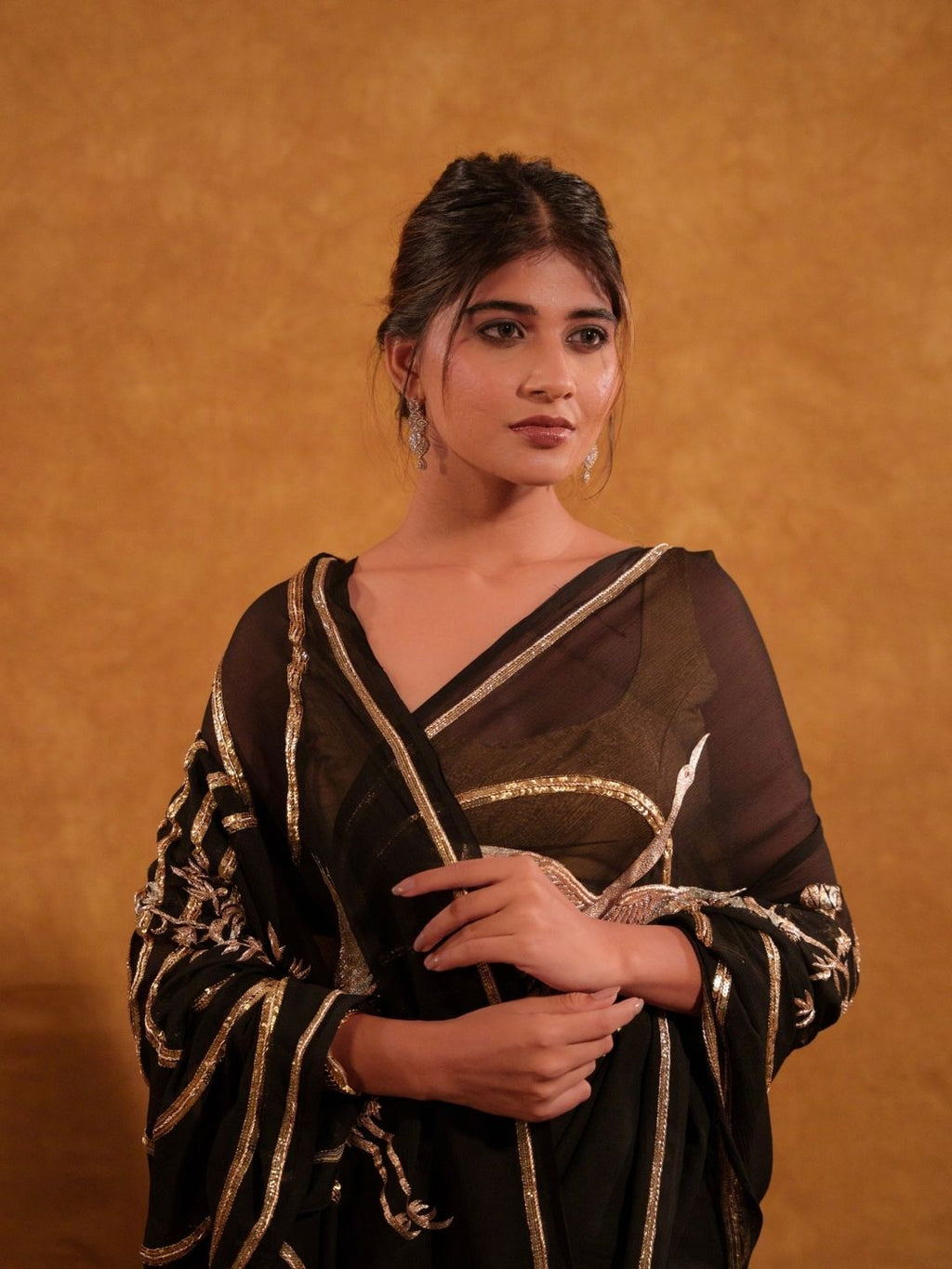 Black Chinon Saree With Gold Crane Zardozi Work
