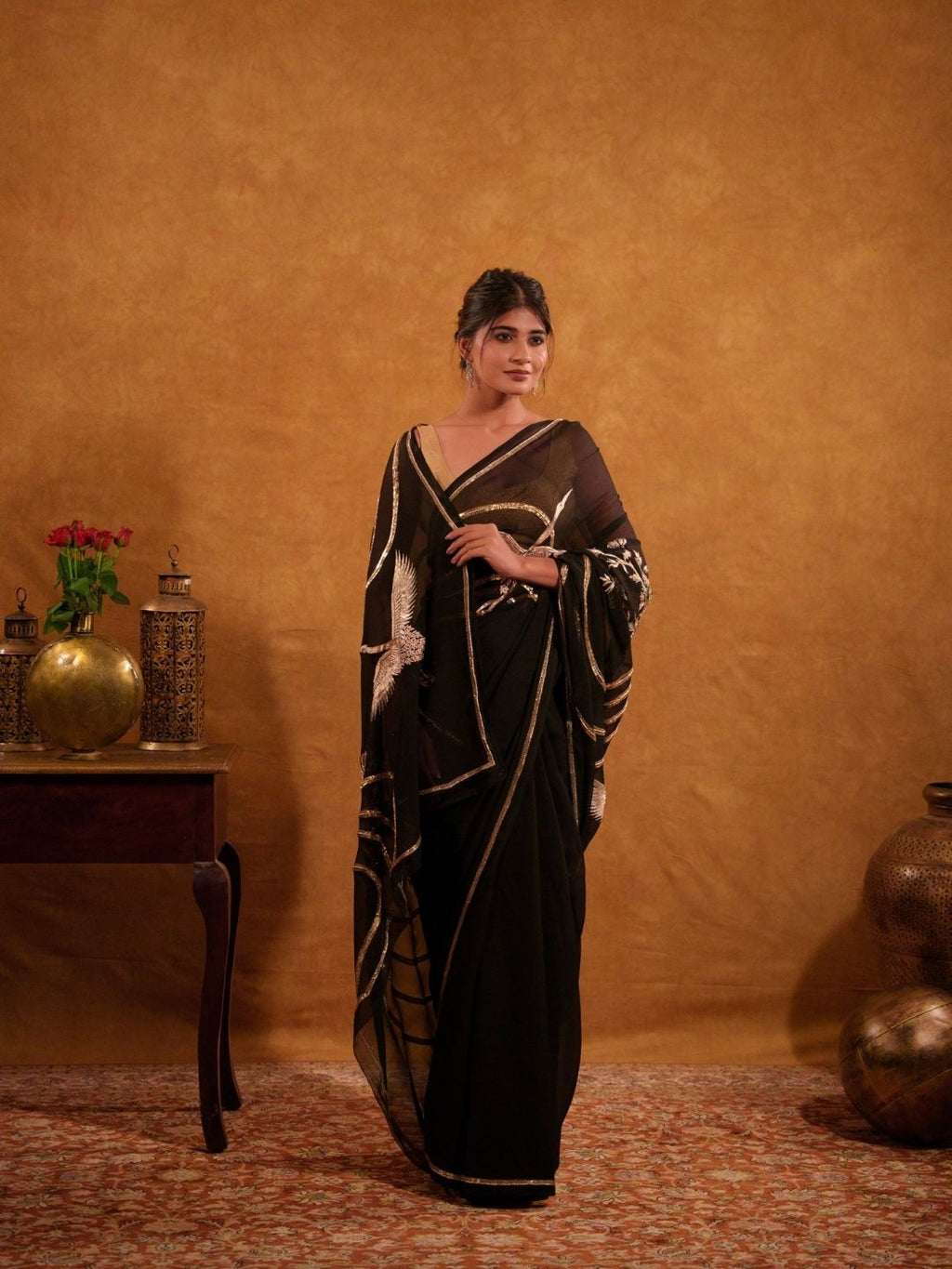 Black Chinon Saree With Gold Crane Zardozi Work