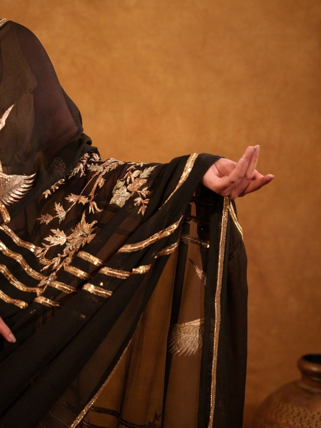 Black Chinon Saree With Gold Crane Zardozi Work