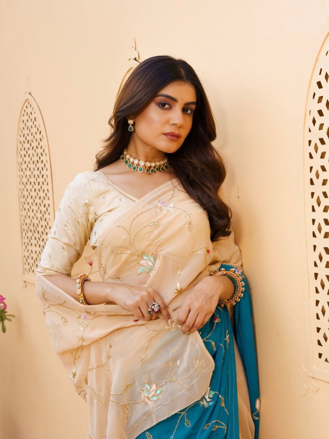 Ivory Teal Ombre Chiffon Saree – Floral Embroidery