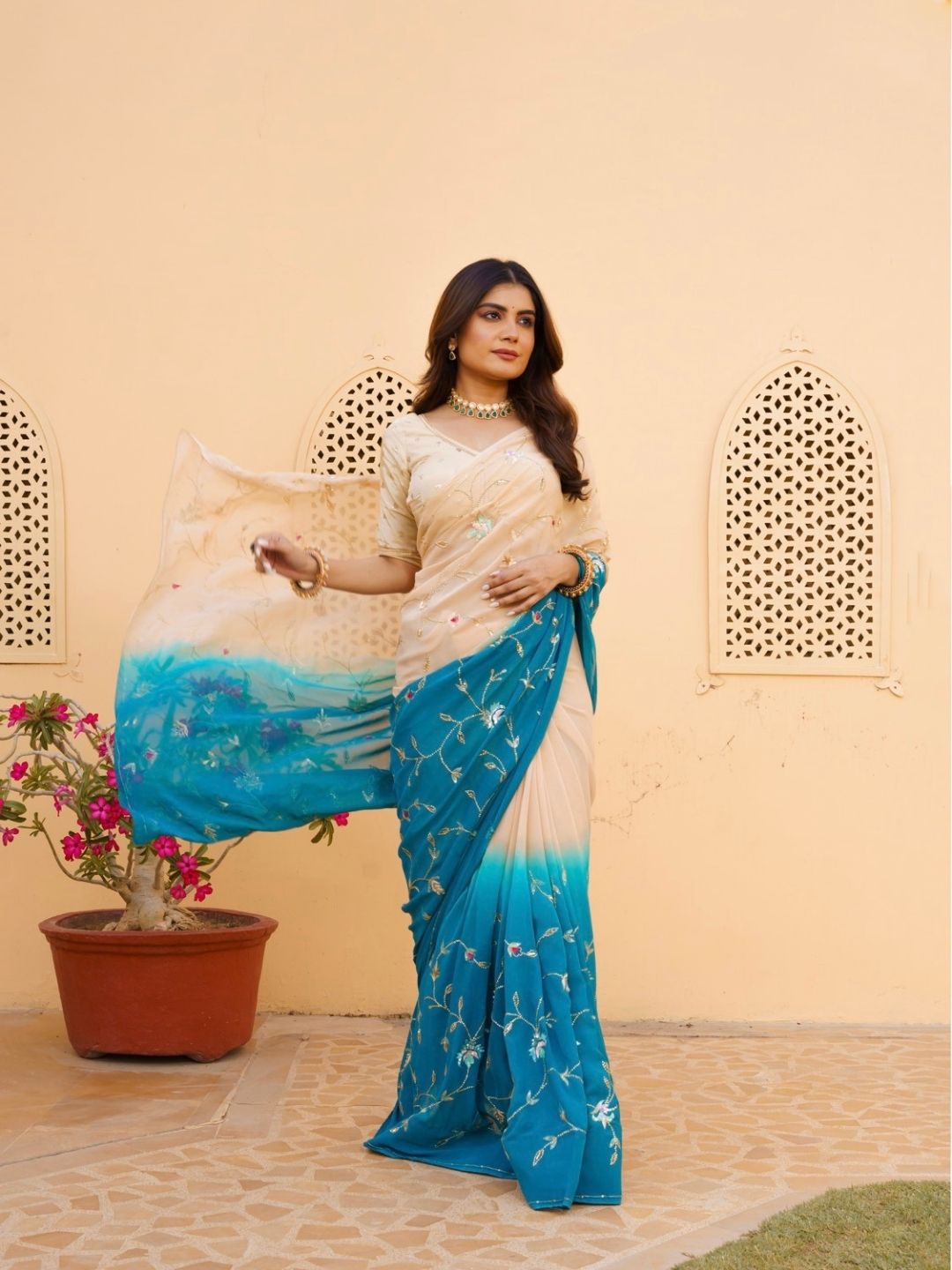 Ivory Teal Ombre Chiffon Saree – Floral Embroidery