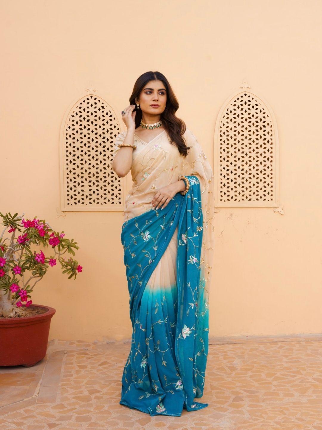 Ivory Teal Ombre Chiffon Saree – Floral Embroidery