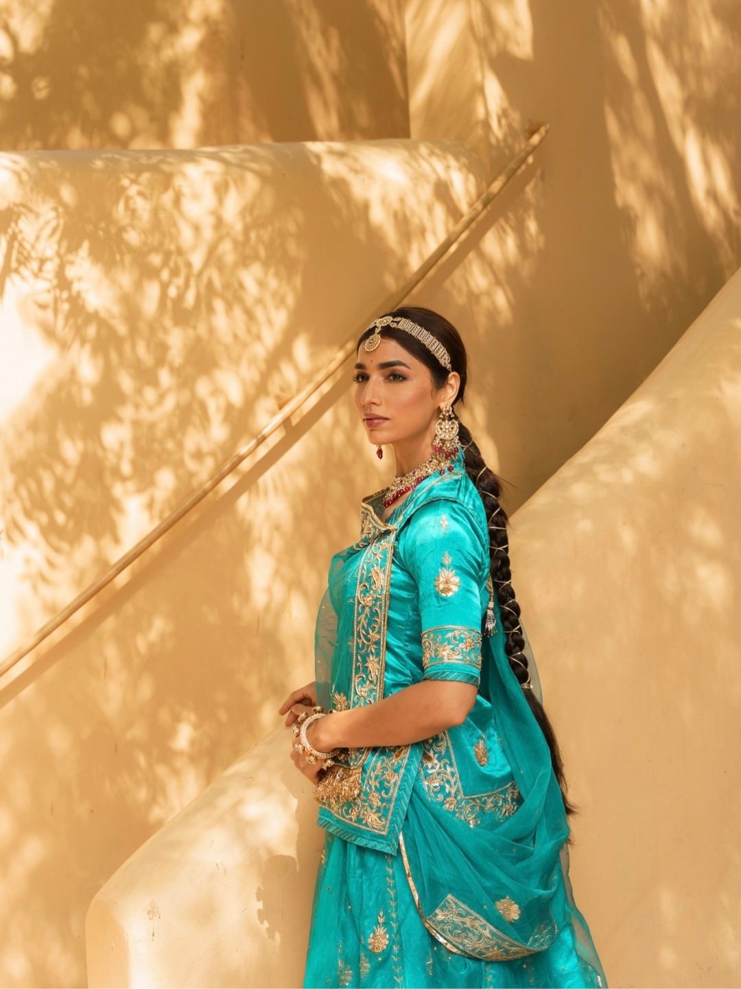 Turquoise Satin Silk Rajputi Poshak – Embroidered