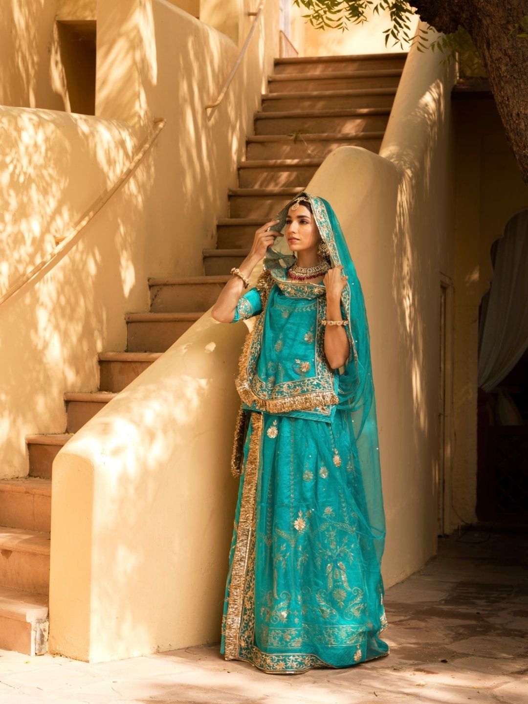 Turquoise Satin Silk Rajputi Poshak – Embroidered