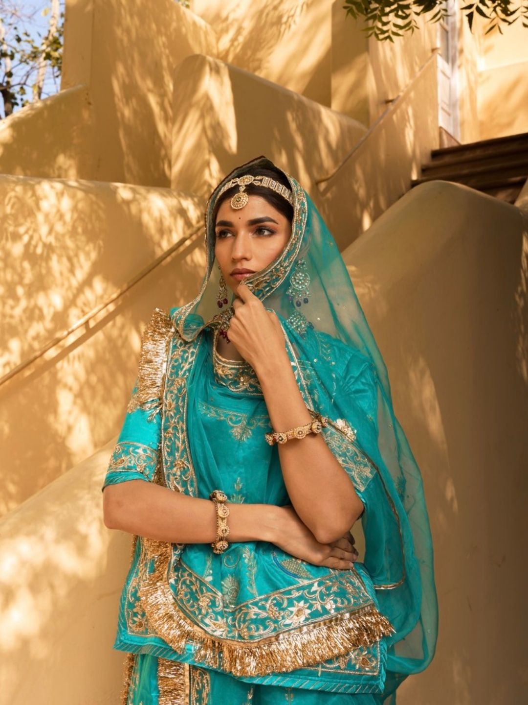 Turquoise Satin Silk Rajputi Poshak – Embroidered