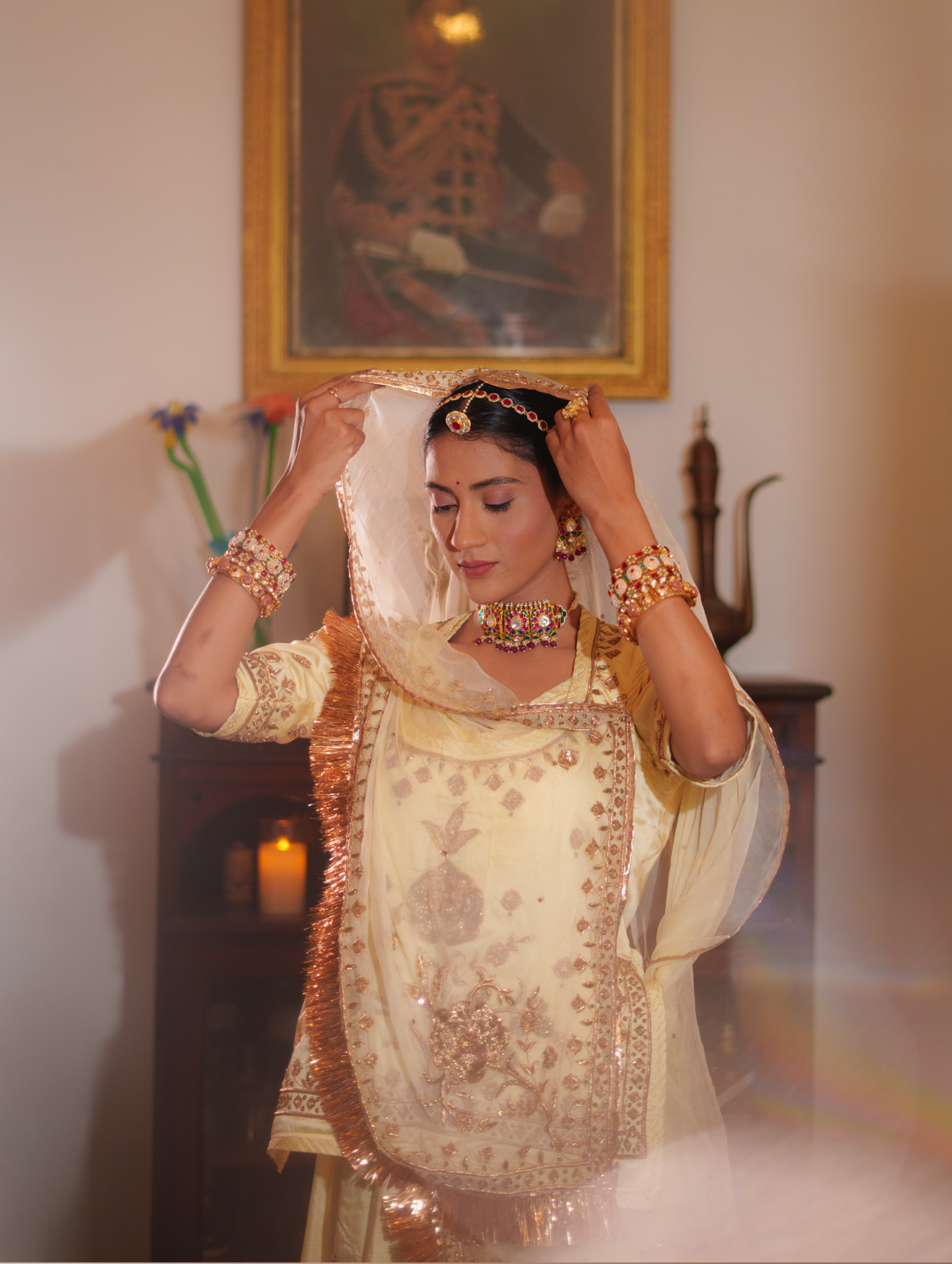 Ivory Tissue And Satin Rajputi Poshak With Pure Odhna