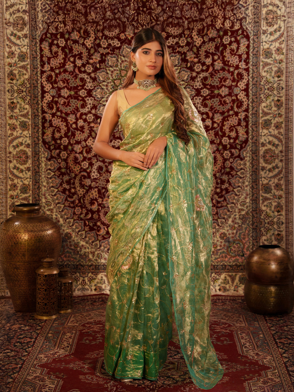 Green Premium Tissue Jaal Handwork Saree