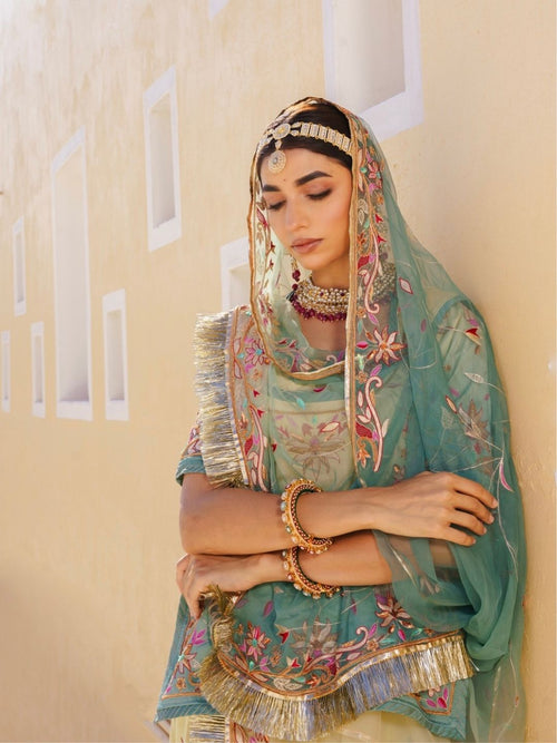 Bamber Satin Shaded Green Rajputi Poshak with Zardozi Work