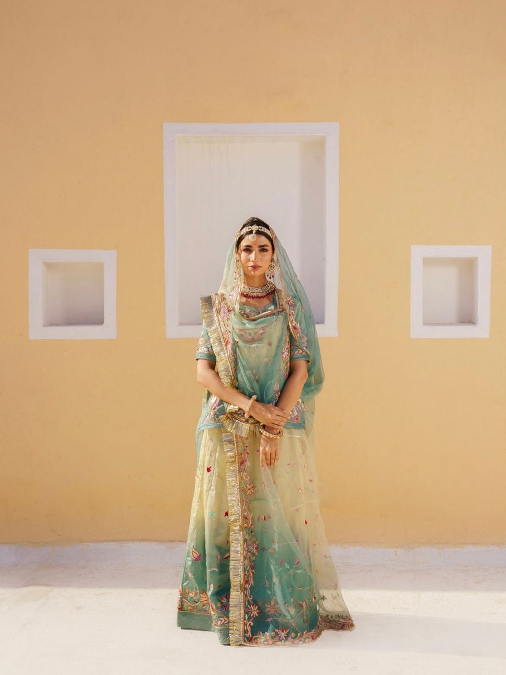 Bamber Satin Shaded Green Rajputi Poshak with Zardozi Work
