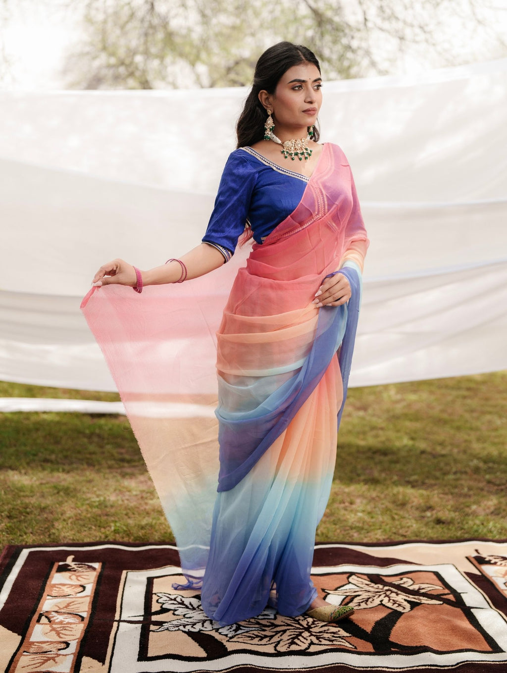 Royal Blue Flamingo Pick Shaded Hand-Dyed Viscose Chiffon Saree