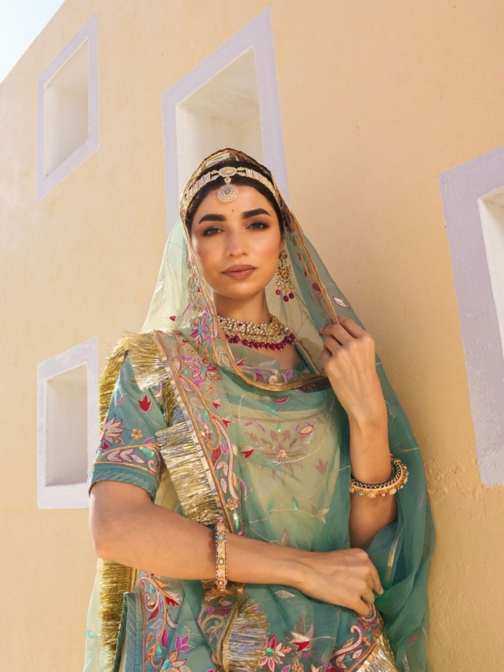 Bamber Satin Shaded Green Rajputi Poshak with Zardozi Work