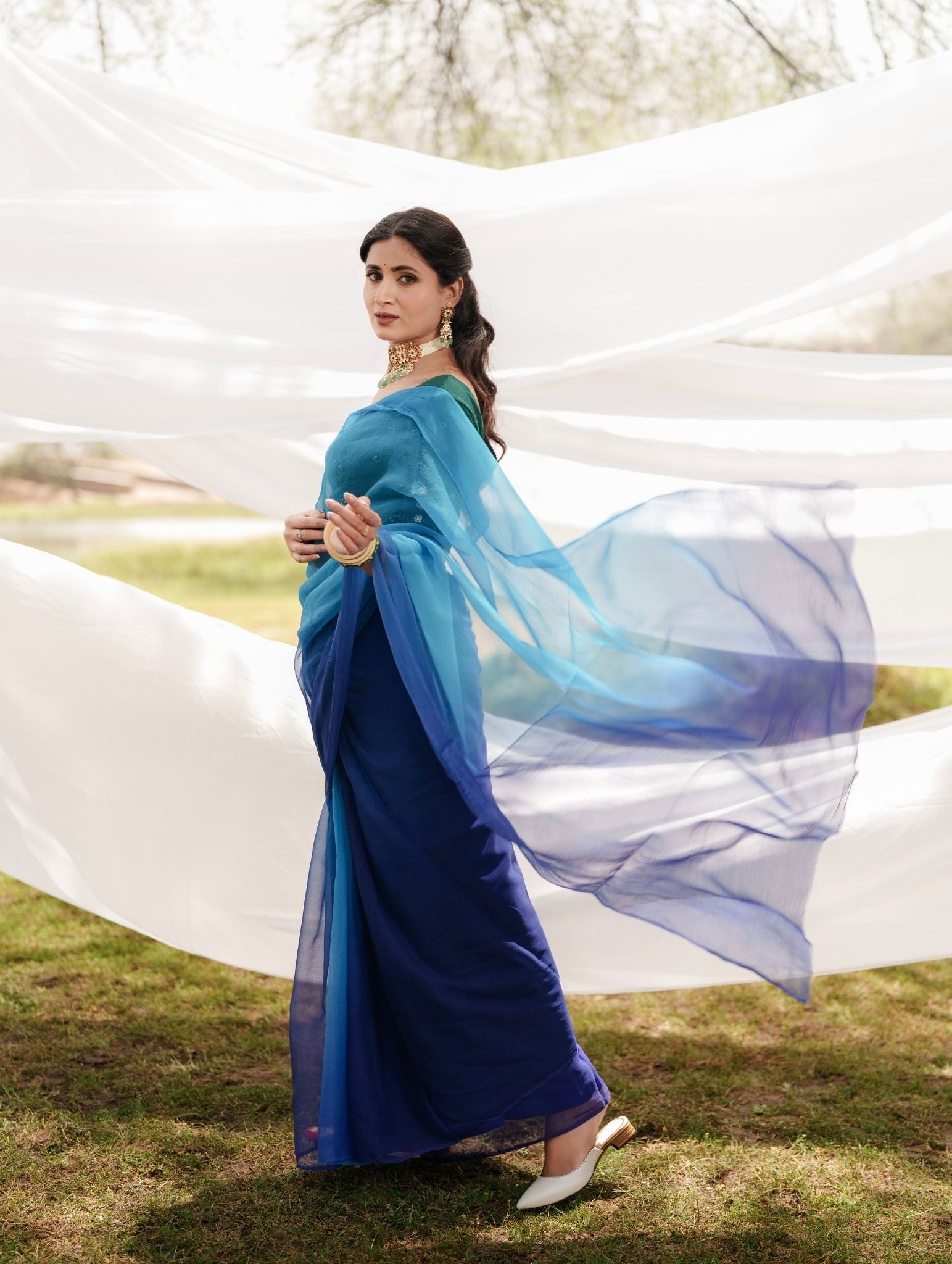 Midnight Blue Shaded Hand-Dyed Viscose Chiffon Saree