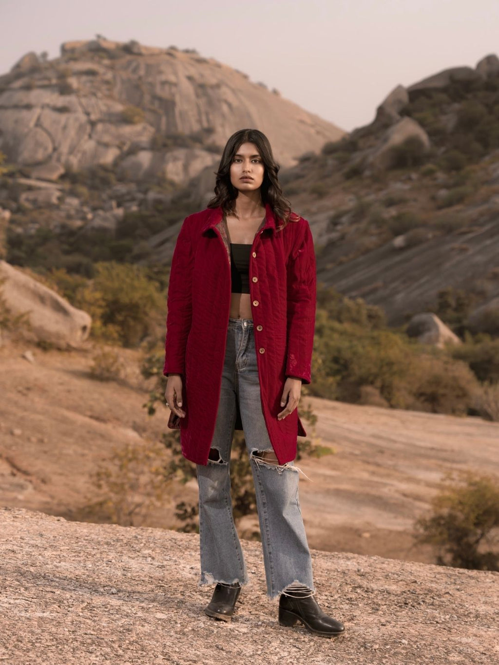 Crimson Velvet Long Jacket – Button Detail