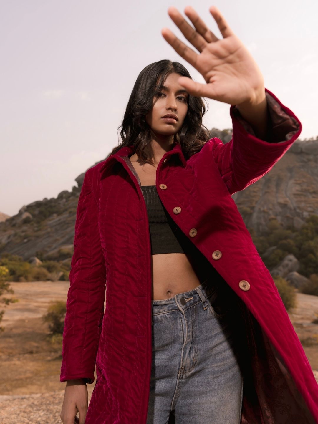 Crimson Velvet Long Jacket – Button Detail