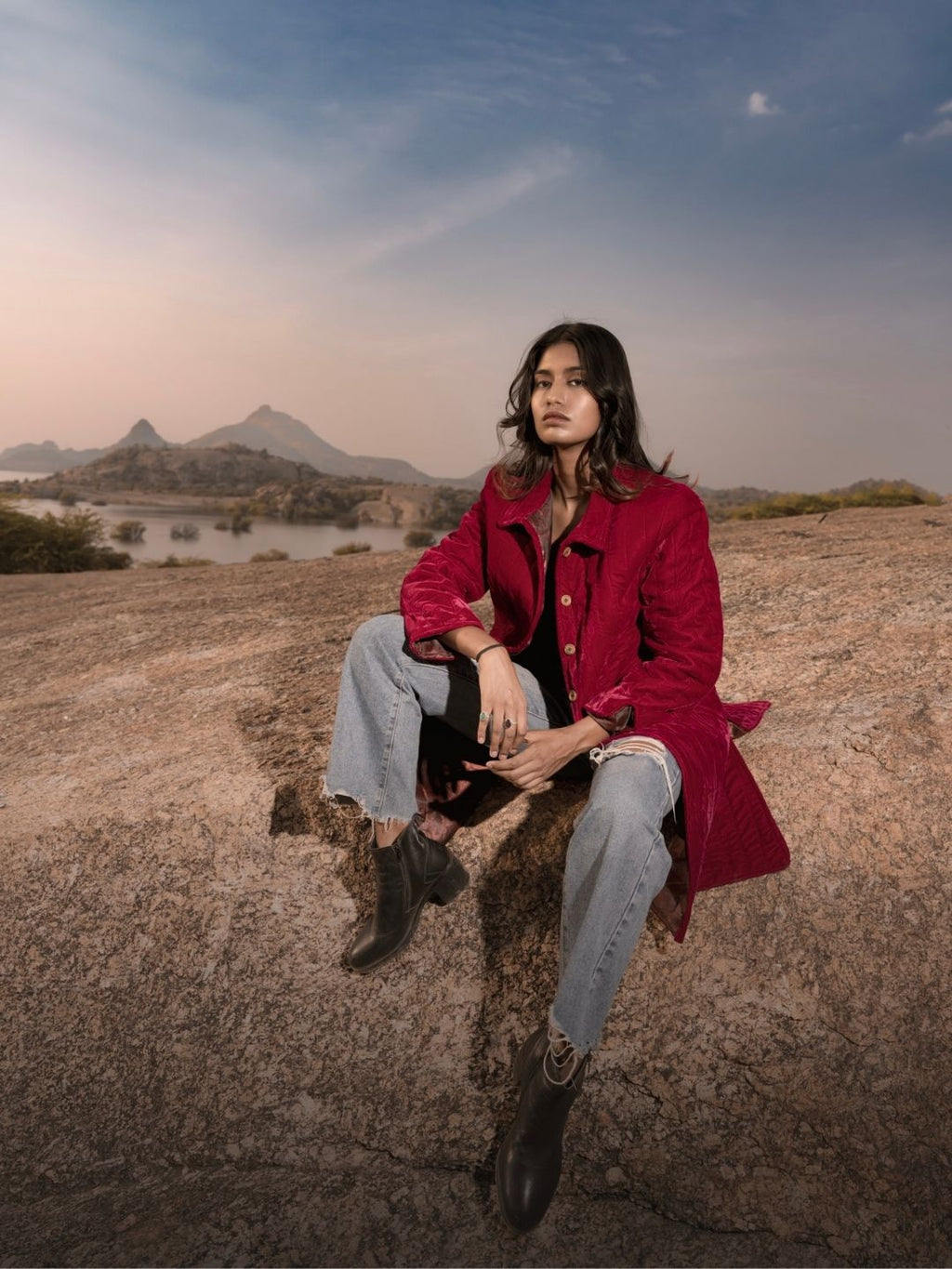 Crimson Velvet Long Jacket – Button Detail