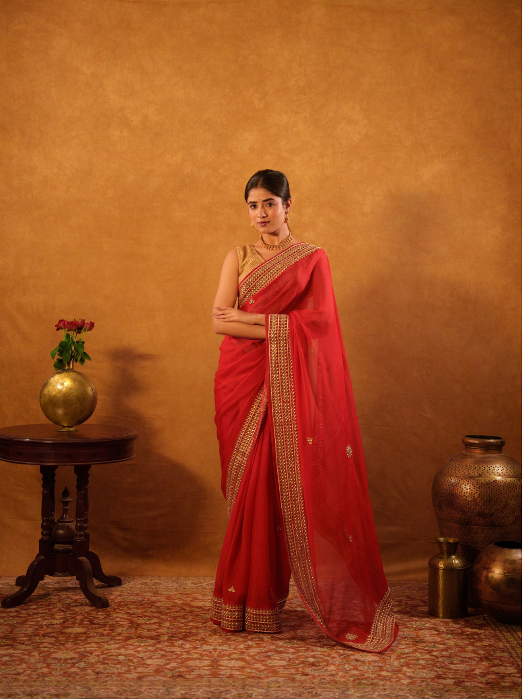 Red Chiffon Saree With Danka Work Border