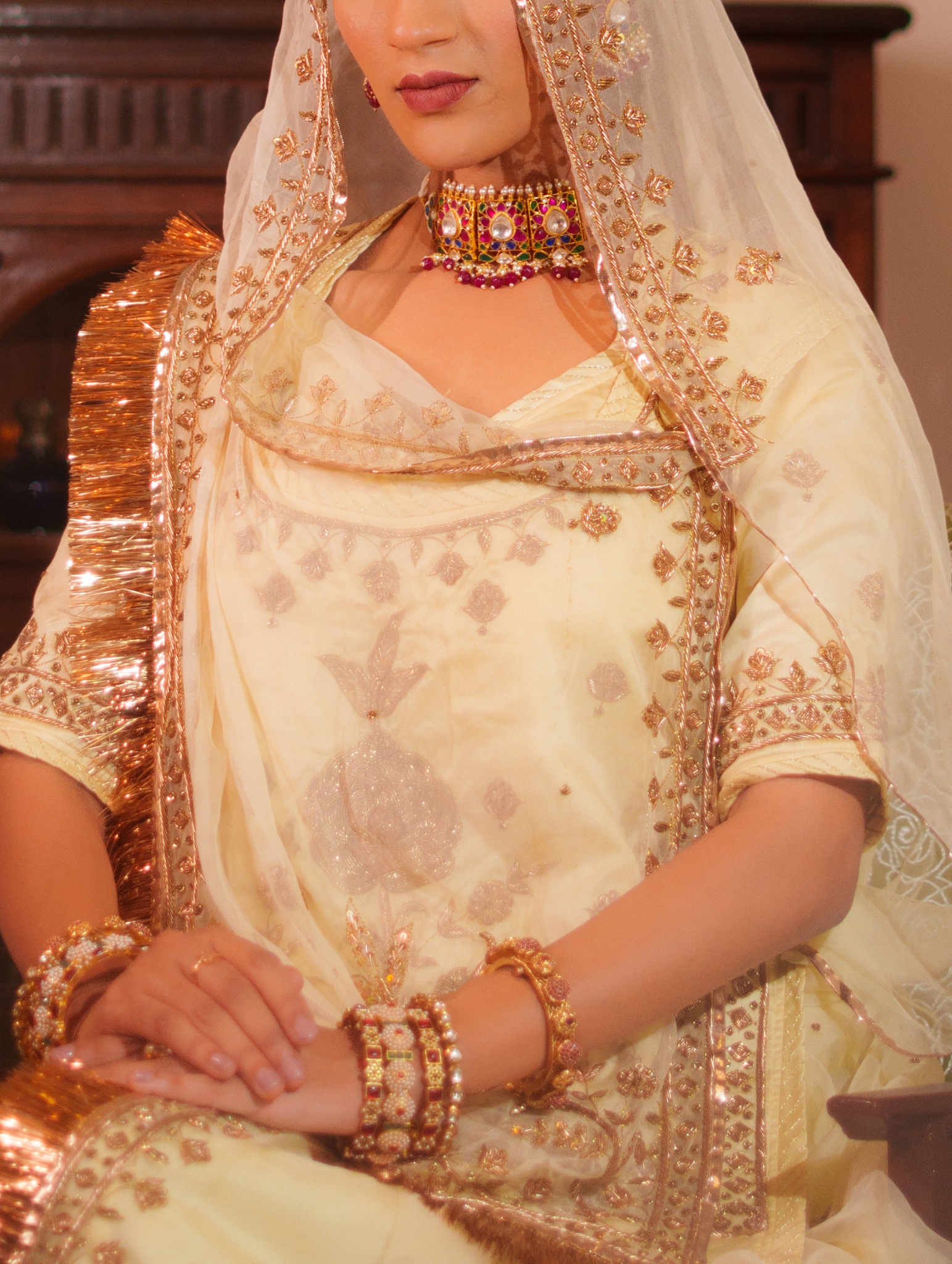 Ivory Tissue And Satin Rajputi Poshak With Pure Odhna