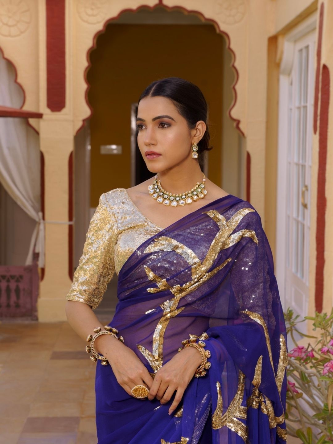 Royal Blue Chinon Saree – Gold Sequin Embroidery