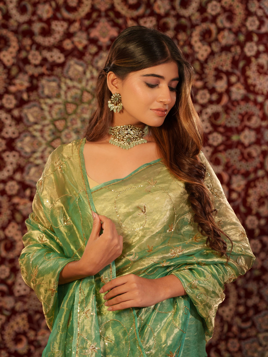 Green Premium Tissue Jaal Handwork Saree