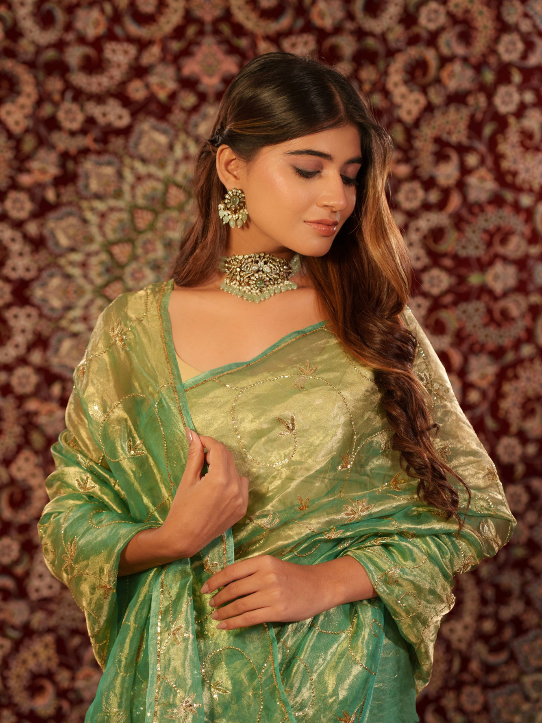 Green Premium Tissue Jaal Handwork Saree