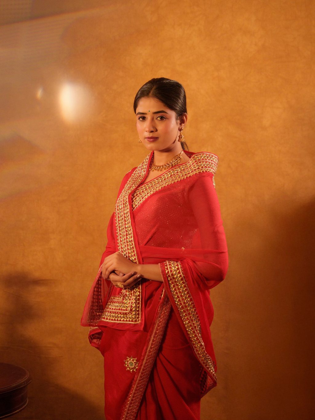 Red Chiffon Saree With Danka Work Border