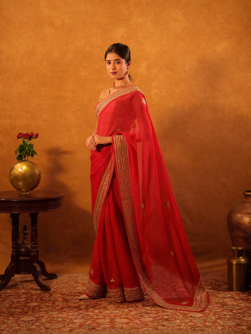 Red Chiffon Saree With Danka Work Border