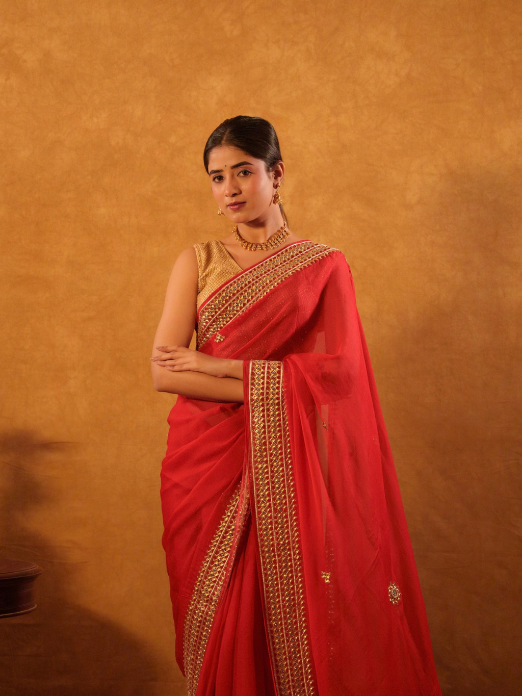 Red Chiffon Saree With Danka Work Border