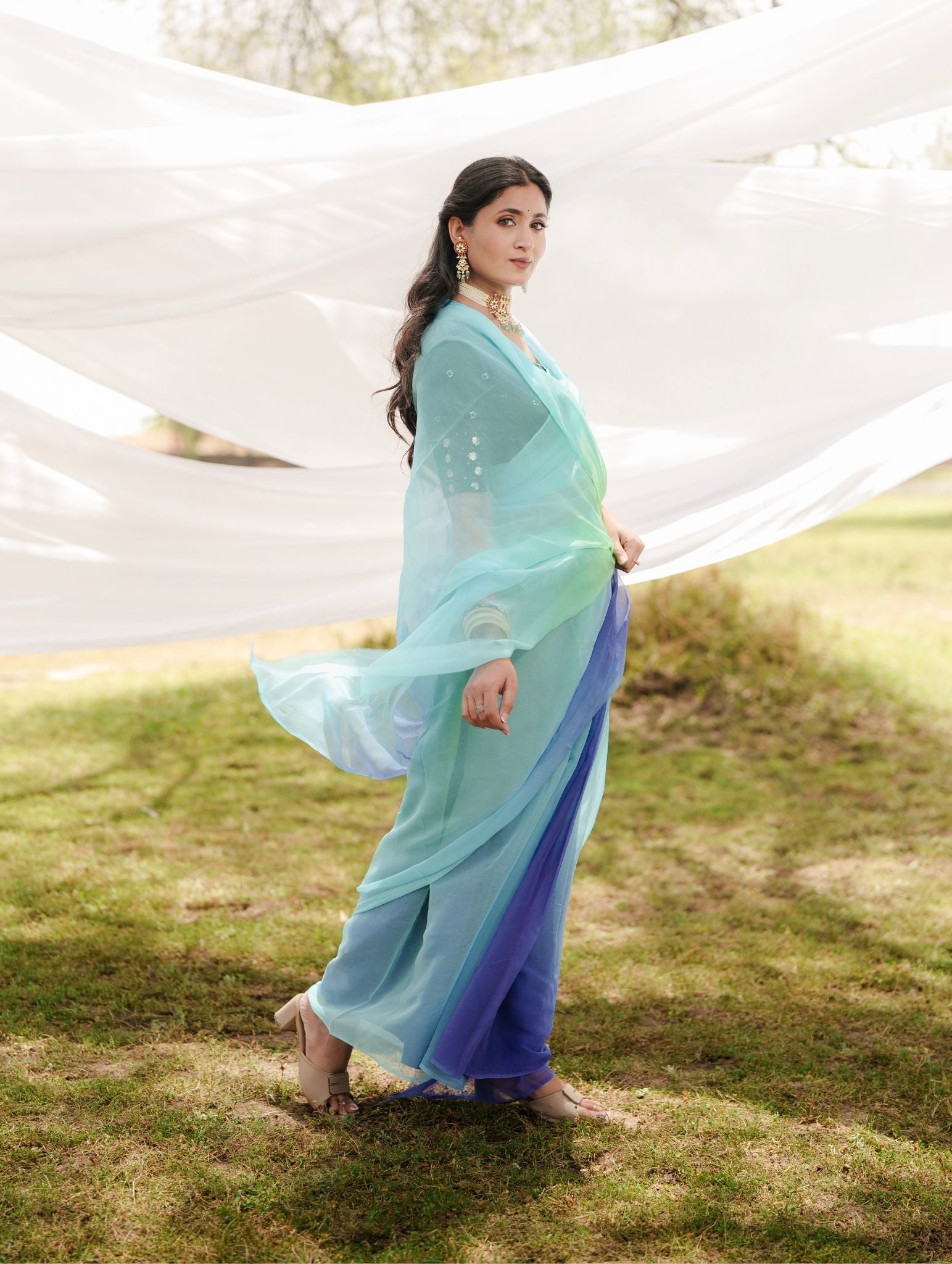 Midnight Blue And Baby Blue Shaded Hand-Dyed Viscose Chiffon Saree