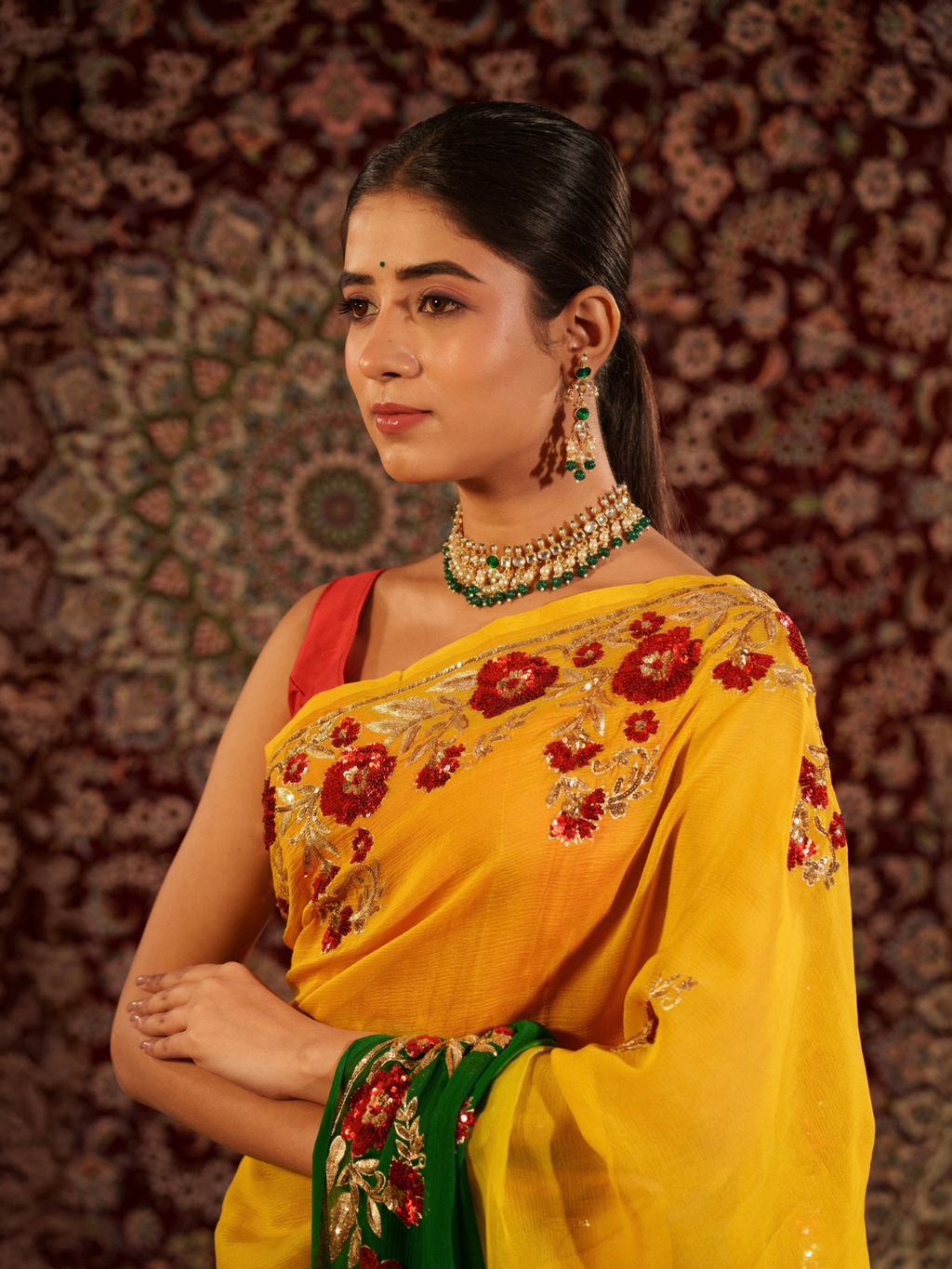 Yellow And Green Shaded Chiffon Saree With Sequins and Zardozi Work