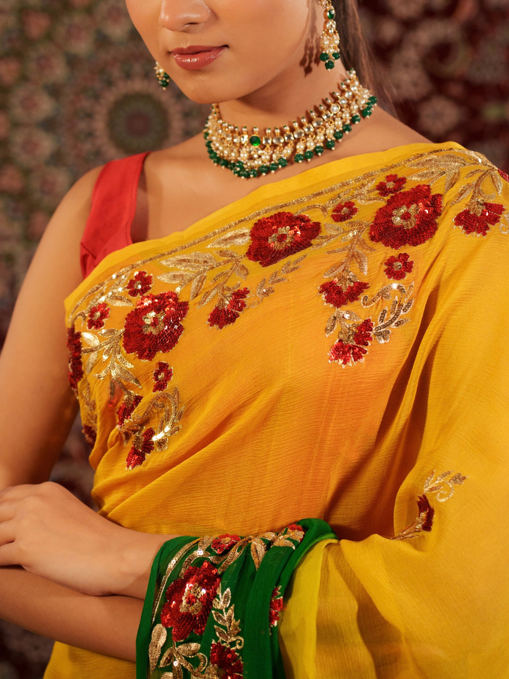 Yellow And Green Shaded Chiffon Saree With Sequins and Zardozi Work