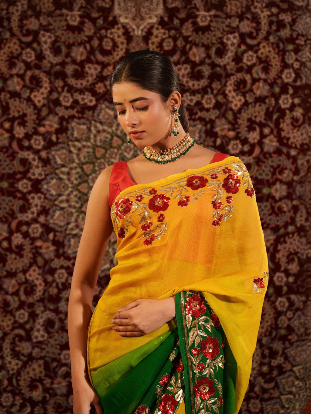 Yellow And Green Shaded Chiffon Saree With Sequins and Zardozi Work