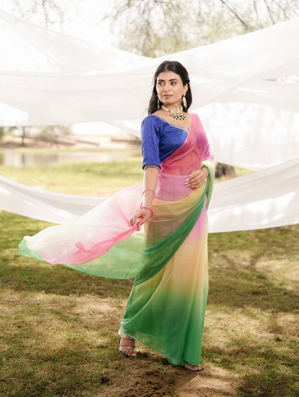 Pink Yellow Green Multicolor Hand-Dyed Viscose Chiffon Saree