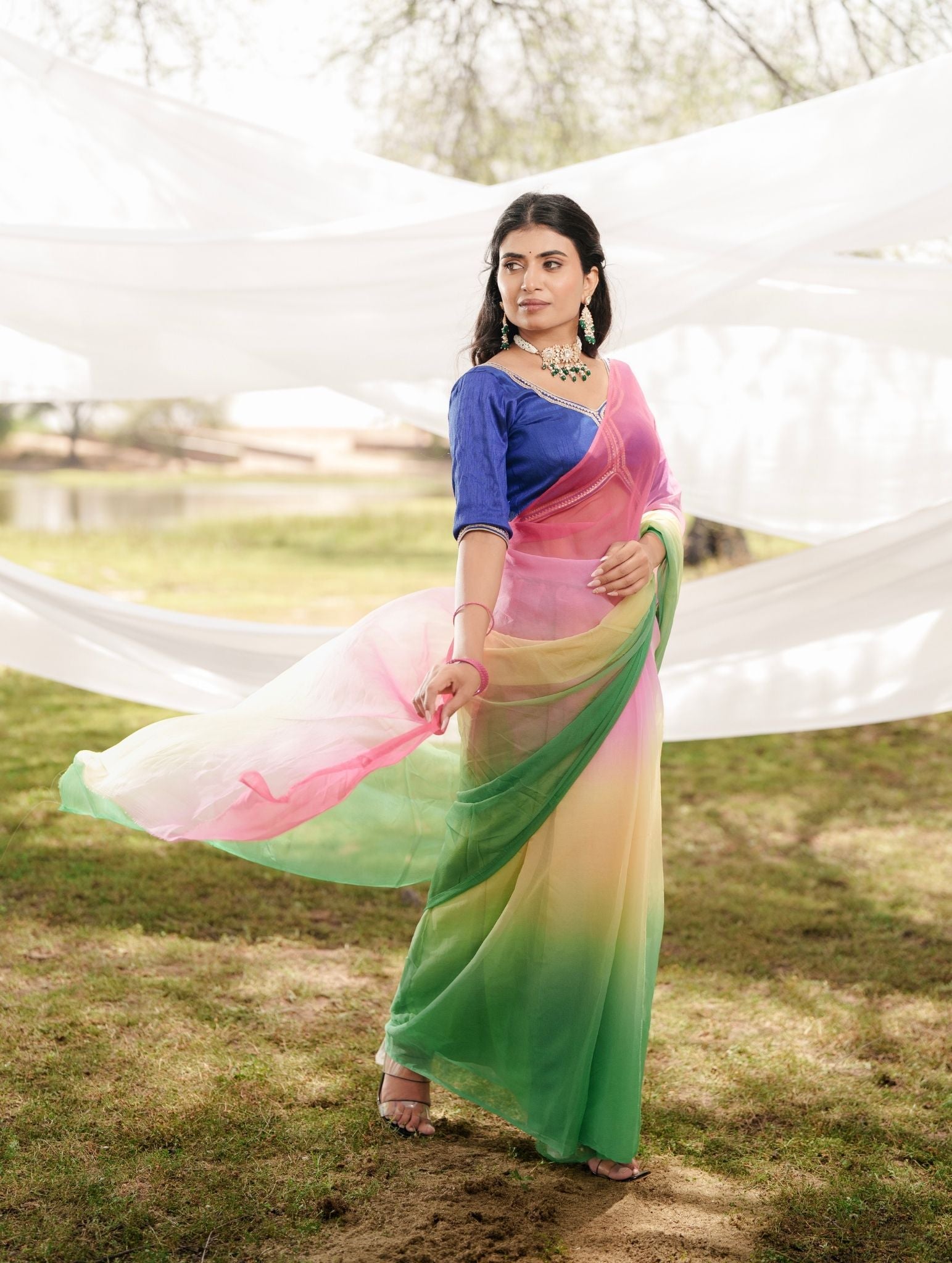 Pink Yellow Green Multicolor Hand-Dyed Viscose Chiffon Saree