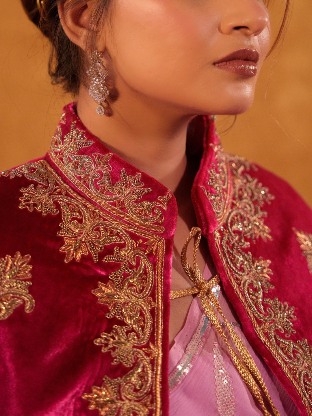 Rani Pink Velvet Cape – Zari Embroidery