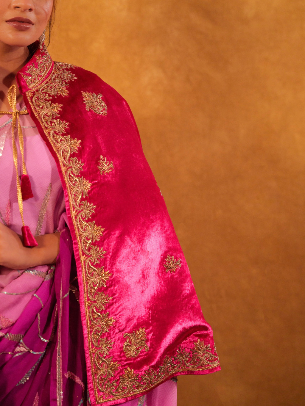 Rani Pink Velvet Cape – Zari Embroidery