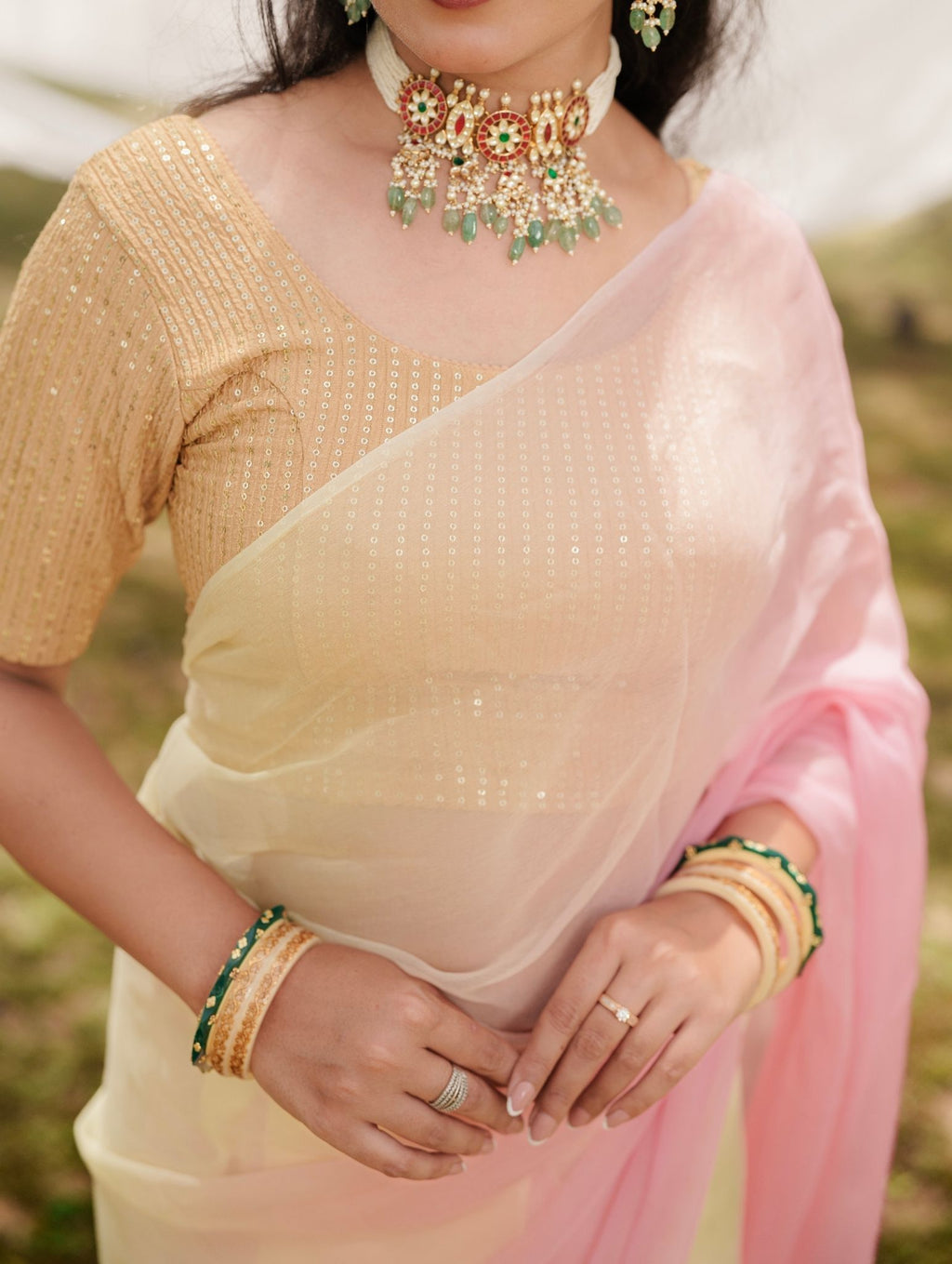 Cherry Blossom Pastel Blond Shaded Hand-Dyed Viscose Chiffon Saree