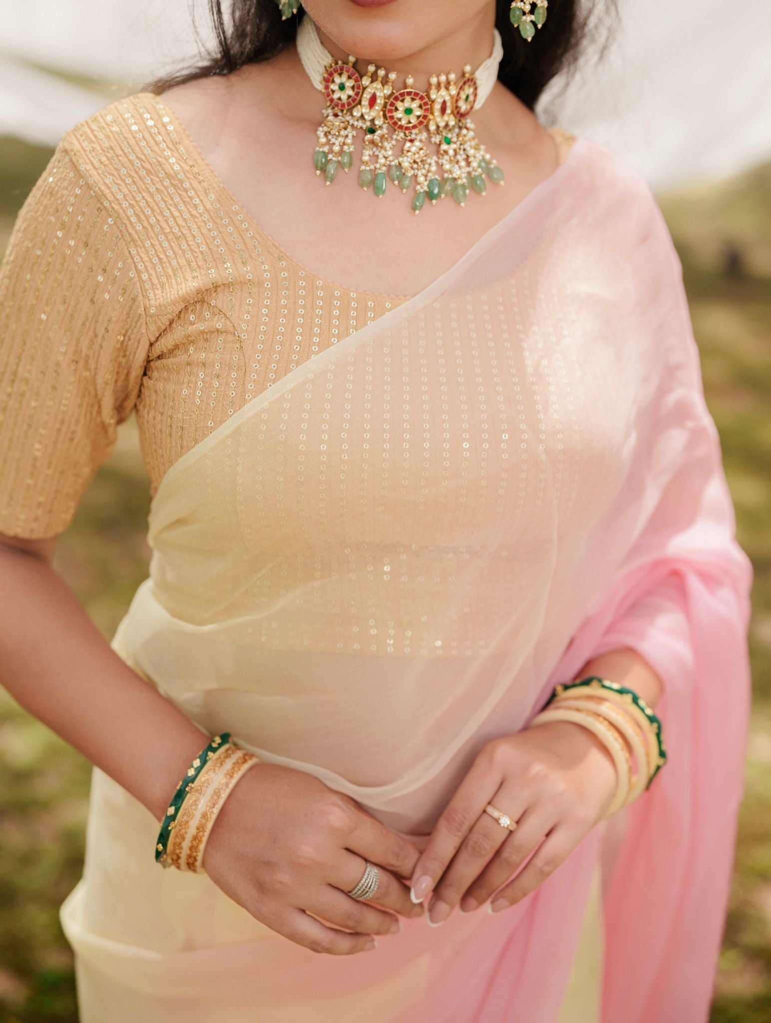 Cherry Blossom Pastel Blond Shaded Hand-Dyed Viscose Chiffon Saree