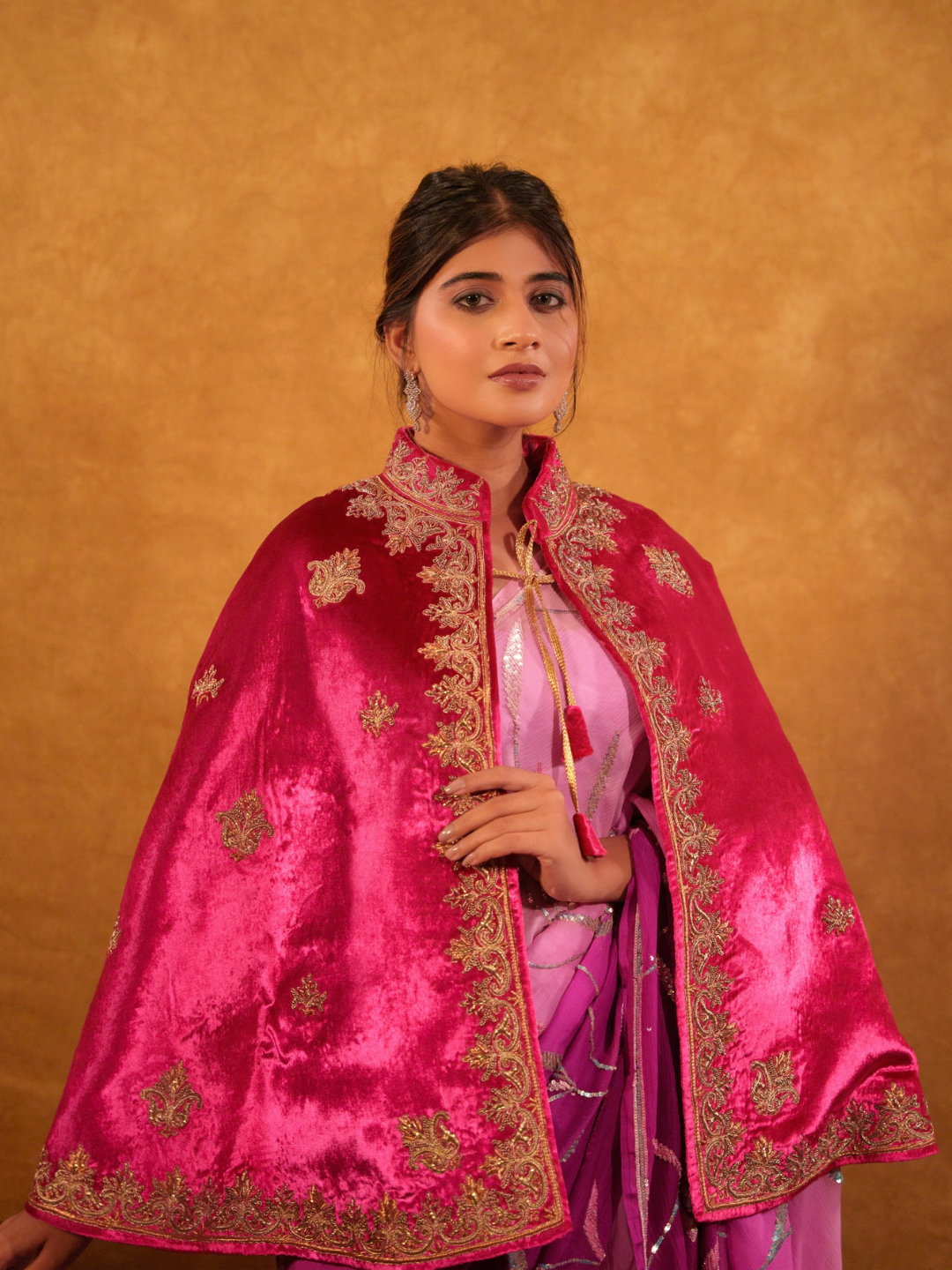 Rani Pink Velvet Cape – Zari Embroidery