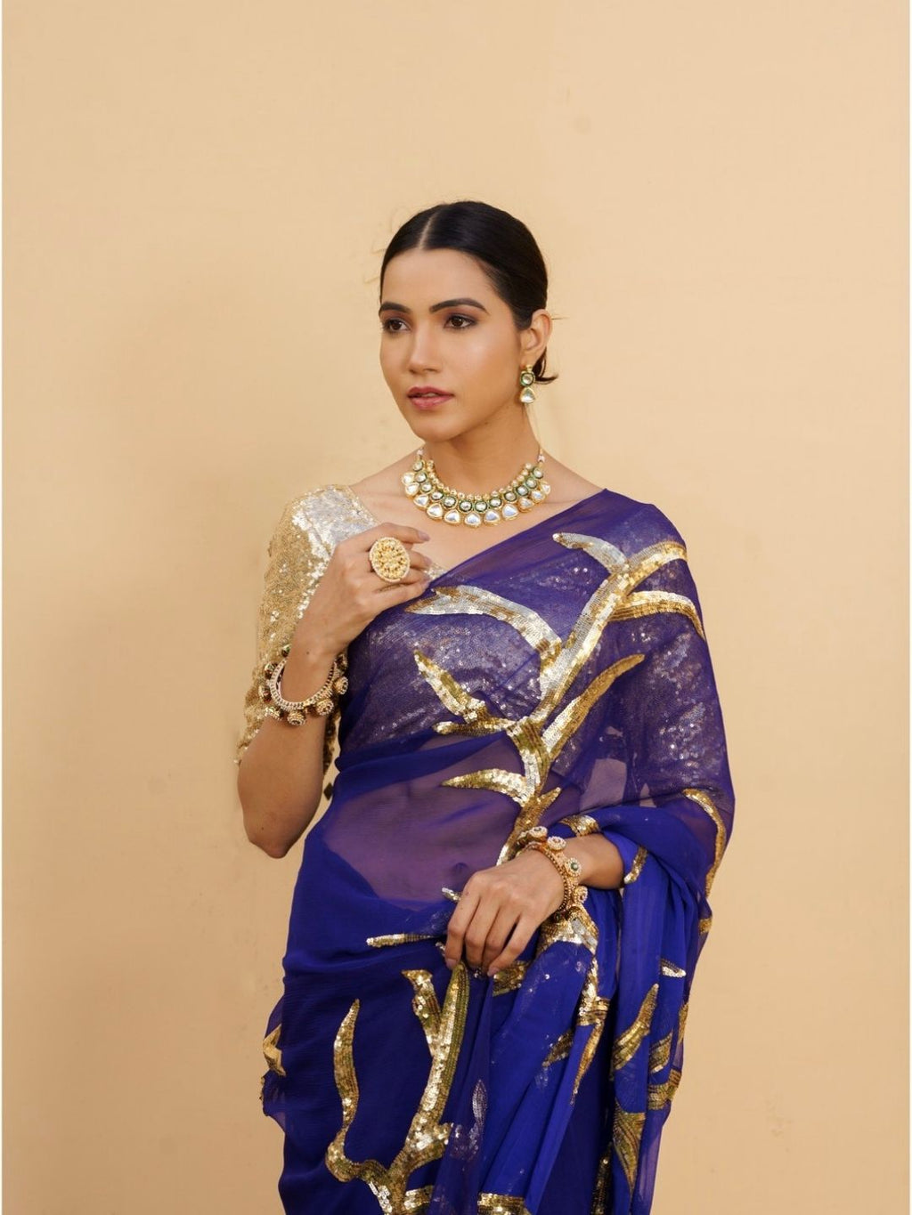 Royal Blue Chinon Saree – Gold Sequin Embroidery